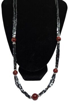 Hematite Beaded Necklace Red Agate Accent Multi Strand Silver Tone 22” Vintage S